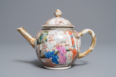 A Chinese grisaille vase, a famille rose 'mandarin' teapot and a reticulated cup on saucer, Yongzheng/Qianlong
