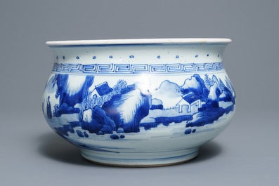 A Chinese blue and white censer with figures in a landscape, Kangxi