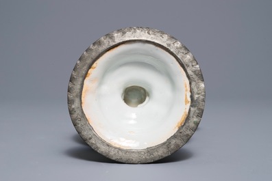 A pewter-mounted Dutch Delft cashmere palette relief-decorated jug, 1st half 18th C.