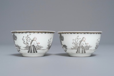 A Chinese grisaille 'immortals and tiger' plate and a pair of 'jesuit' cups and saucers, Qianlong