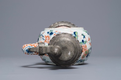 A pewter-mounted Dutch Delft cashmere palette relief-decorated jug, 1st half 18th C.