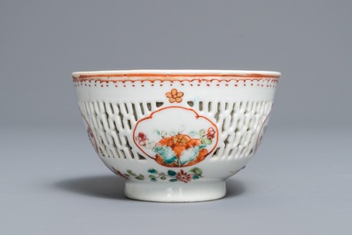 A Chinese grisaille vase, a famille rose 'mandarin' teapot and a reticulated cup on saucer, Yongzheng/Qianlong