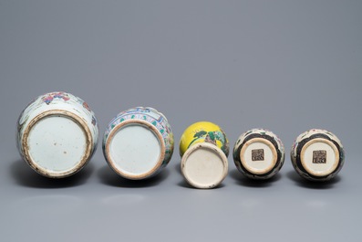 Five Chinese famille rose and verte vases, 19th C.