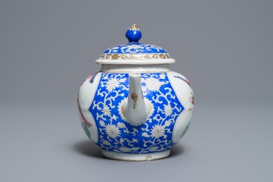 A rare Chinese famille rose 'perching parrot' teapot and cover, Yongzheng/Qianlong