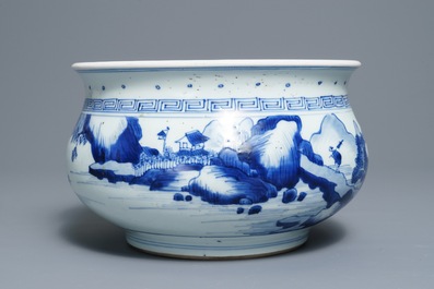A Chinese blue and white censer with figures in a landscape, Kangxi