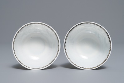 A Chinese grisaille 'immortals and tiger' plate and a pair of 'jesuit' cups and saucers, Qianlong