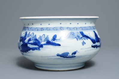 A Chinese blue and white censer with figures in a landscape, Kangxi