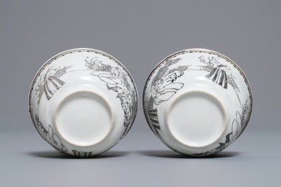 A Chinese grisaille 'immortals and tiger' plate and a pair of 'jesuit' cups and saucers, Qianlong