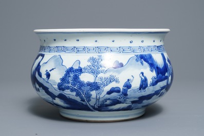 A Chinese blue and white censer with figures in a landscape, Kangxi