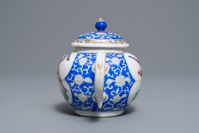 A rare Chinese famille rose 'perching parrot' teapot and cover, Yongzheng/Qianlong