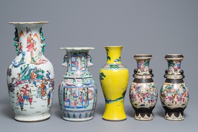 Five Chinese famille rose and verte vases, 19th C.
