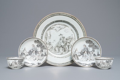 A Chinese grisaille 'immortals and tiger' plate and a pair of 'jesuit' cups and saucers, Qianlong