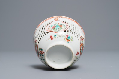 A Chinese grisaille vase, a famille rose 'mandarin' teapot and a reticulated cup on saucer, Yongzheng/Qianlong