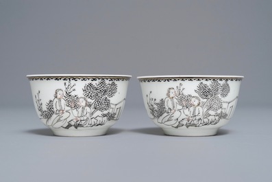 A Chinese grisaille 'immortals and tiger' plate and a pair of 'jesuit' cups and saucers, Qianlong