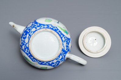 A rare Chinese famille rose 'perching parrot' teapot and cover, Yongzheng/Qianlong