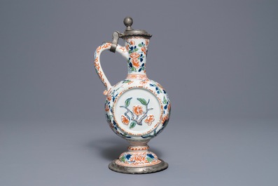 A pewter-mounted Dutch Delft cashmere palette relief-decorated jug, 1st half 18th C.
