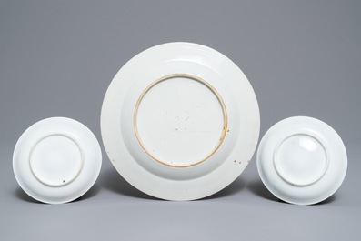 A Chinese grisaille 'immortals and tiger' plate and a pair of 'jesuit' cups and saucers, Qianlong