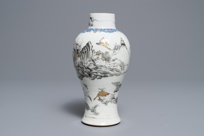 A Chinese grisaille vase, a famille rose 'mandarin' teapot and a reticulated cup on saucer, Yongzheng/Qianlong