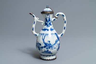 A Chinese blue and white silver-mounted jug and cover, Transitional period