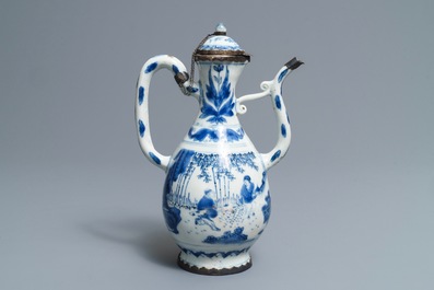 A Chinese blue and white silver-mounted jug and cover, Transitional period