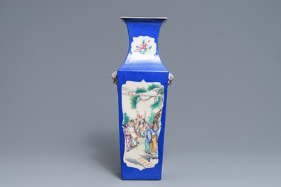 A square Chinese famille rose blue-ground vase, 19th C.