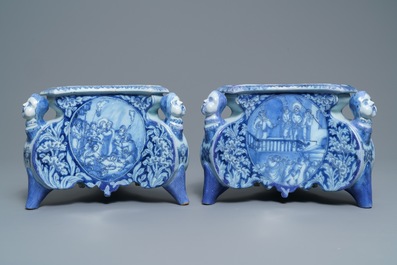 A pair of Dutch Delft blue and white candlestick bases, 17th C.