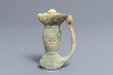 A Mughal-style carved celadon jade sword hilt, India, 19/20th C.