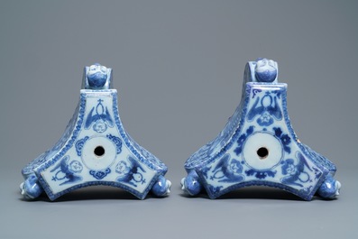 A pair of Dutch Delft blue and white candlestick bases, 17th C.