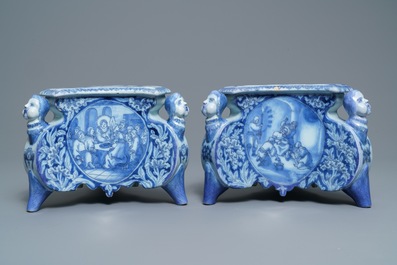 A pair of Dutch Delft blue and white candlestick bases, 17th C.