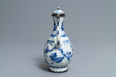 A Chinese blue and white silver-mounted jug and cover, Transitional period