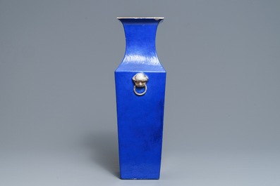 A square Chinese famille rose blue-ground vase, 19th C.
