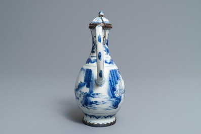 A Chinese blue and white silver-mounted jug and cover, Transitional period
