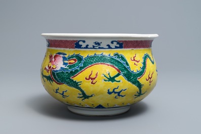 A Chinese famille rose yellow-ground 'dragon' censer, Yongzheng