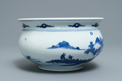 Een Chinese blauwwitte wierookbrander met figuren in een landschap, Kangxi