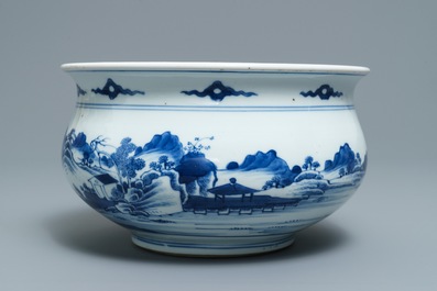 Een Chinese blauwwitte wierookbrander met figuren in een landschap, Kangxi