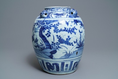 A large Chinese blue and white jar with birds in a landscape, Wanli