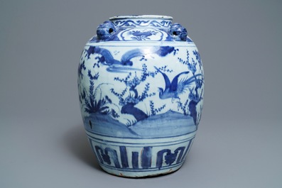 A large Chinese blue and white jar with birds in a landscape, Wanli