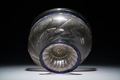 A large Venetian footed glass bowl with applied blue bands, Italy, 15/16th C.