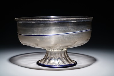 A large Venetian footed glass bowl with applied blue bands, Italy, 15/16th C.