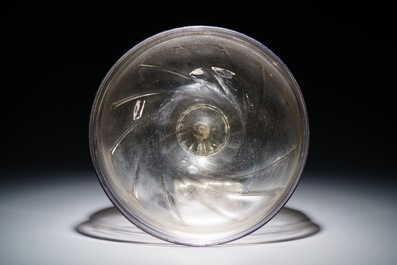 A large Venetian footed glass bowl with applied blue bands, Italy, 15/16th C.