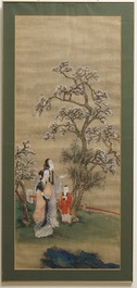 Chinese school: Two landscapes with ladies and peonies, ink and colour on silk, 18/19th C.
