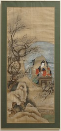 Chinese school: Two landscapes with ladies and peonies, ink and colour on silk, 18/19th C.