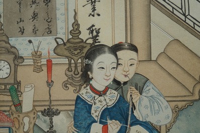 Ecole chinoise: Un couple allumant la pipe &agrave; opium, encre et couleur sur papier, 18/19&egrave;me