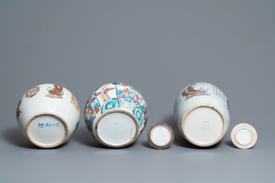 Five Chinese famille rose jars and covers, 19th C.