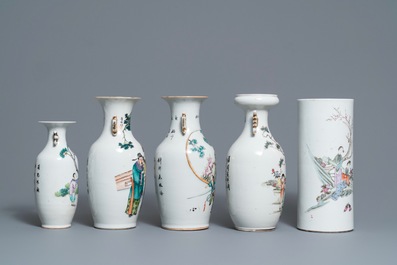 Five Chinese famille rose and qianjiang cai vases, 19/20th C.