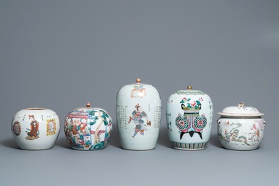 Five Chinese famille rose jars and covers, 19th C.