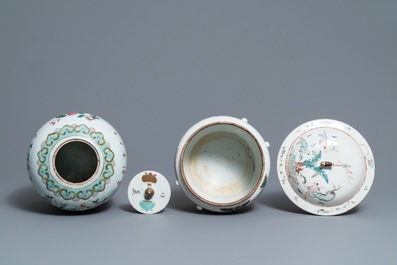 Five Chinese famille rose jars and covers, 19th C.