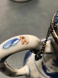 A Chinese blue and white silver-mounted jug and cover, Transitional period