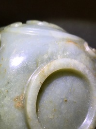 A Chinese celadon and brown jade chilong-handled cup, prob. early Qing