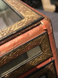 A Chinese Straits or Peranakan market gilded and lacquered wood altar box on stand and a table display, 19th C.